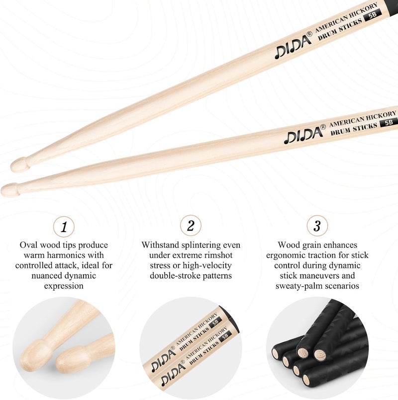 DIDA Drum Sticks, American Hickory Drumsticks, Drumsticks for Drum, Non-Slip Grip, Percussion Drumsticks for Professional, Live Performance & Drum Kit Practice Accessories (1 Pair, 5B) - Image 4